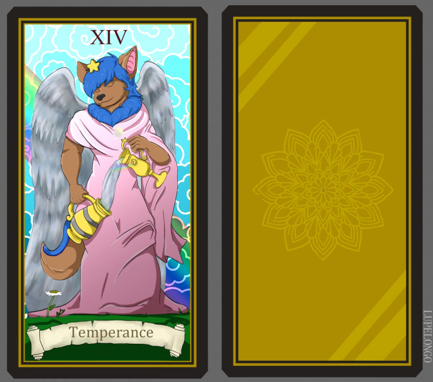 2019 angel card cloud digital_media_(artwork) flower fortune_telling fur hair hi_res japanese_cloud lupelongo male mammal mystic neopets outside plant rainbown sky smile solo standing star tarot tarot_card temperance(tarot) water wings xweetok