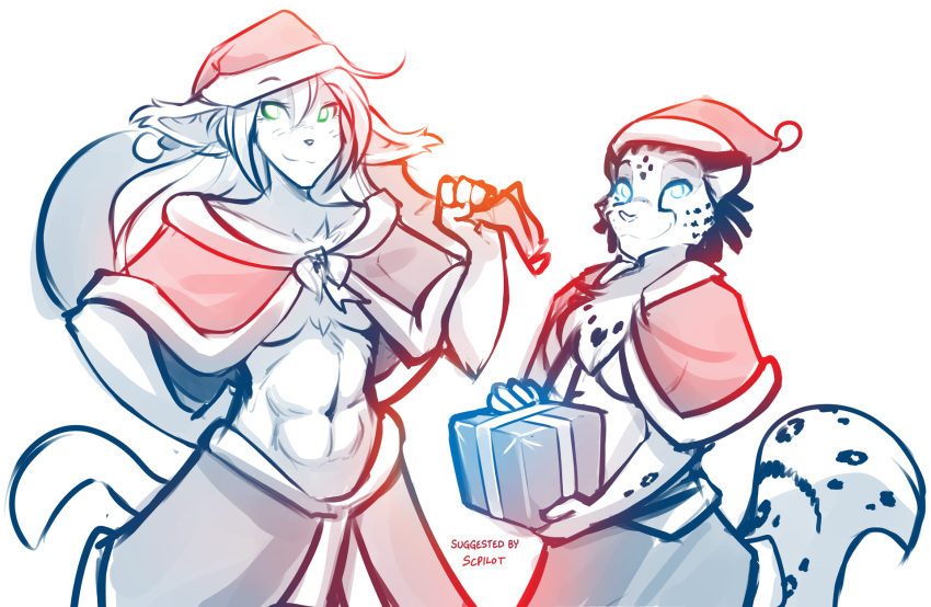 2019 abs adira_(twokinds) anthro athletic basitin breasts christmas clothed clothing conditional_dnp duo felid female fluffy fur gift hand_on_hip hat headgear headwear hi_res holding_object holidays keidran king_adelaide looking_at_viewer mammal midriff monochrome navel pantherine sack santa_hat simple_background sketch skimpy smile snow_leopard spots spotted_body spotted_fur tom_fischbach twokinds under_boob webcomic white_background