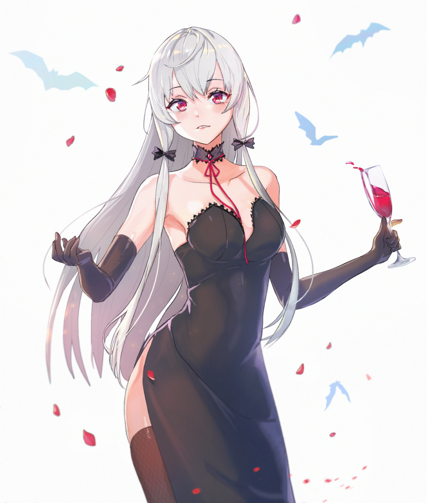 1girl bangs black_bow black_dress black_gloves black_legwear blush bow choker collarbone cup dress drinking_glass elbow_gloves evening_gown eyebrows_visible_through_hair gloves hair_bow highres holding holding_cup killy_doodle long_hair looking_at_viewer older parted_lips red_eyes side_slit silver_hair sleeveless sleeveless_dress solo sophie_twilight standing strapless strapless_dress thighhighs tonari_no_kyuuketsuki-san very_long_hair white_background wine_glass
