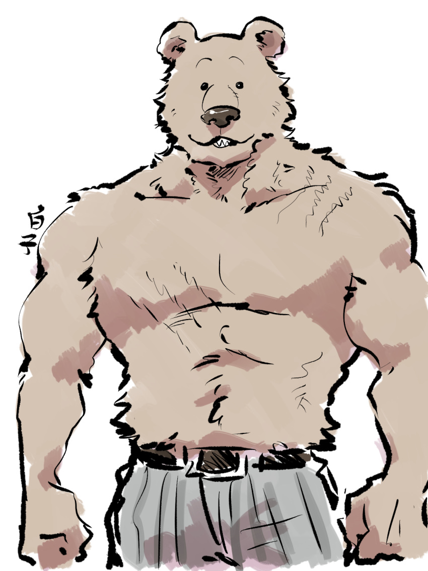 2019 anthro beastars belt bottomwear brown_bear brown_body brown_fur clothed clothing fur humanoid_hands male mammal muscular muscular_male riz_(beastars) scar shirako signature solo topless ursid ursine