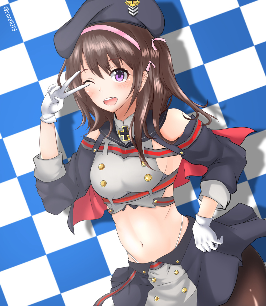 1girl ;d arm_up azur_lane bangs beret black_legwear black_skirt blush breasts brown_hair checkered checkered_background commentary_request core1013 cowboy_shot dutch_angle eyebrows_visible_through_hair gloves grey_shirt hair_ribbon hairband hat highres iron_cross long_hair long_sleeves looking_at_viewer medium_breasts midriff navel one_eye_closed open_mouth pantyhose pink_headwear pleated_skirt purple_eyes ribbon sailor_collar shadow shirt shoulder_cutout sideboob sidelocks skirt sleeveless sleeveless_shirt smile solo step_and_repeat twitter_username two_side_up upper_teeth v white_gloves z35_(azur_lane)