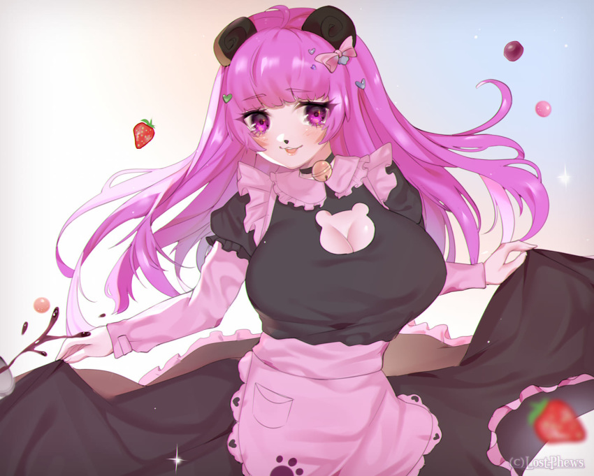 anthro bell bell_collar big_breasts breasts clothing collar destinee giant_panda hair lostphews maid_uniform mammal pink_eyes pink_hair uniform ursid