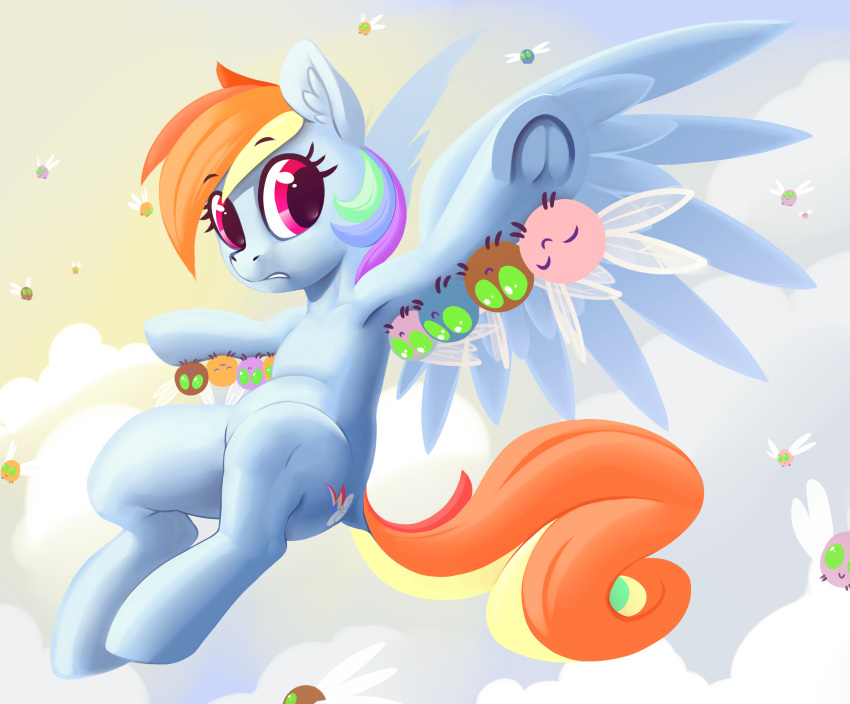 2019 absurd_res dimfann equid equine feathered_wings feathers feral friendship_is_magic hi_res looking_at_viewer mammal my_little_pony parasprite_(mlp) pterippus rainbow_dash_(mlp) sky wings