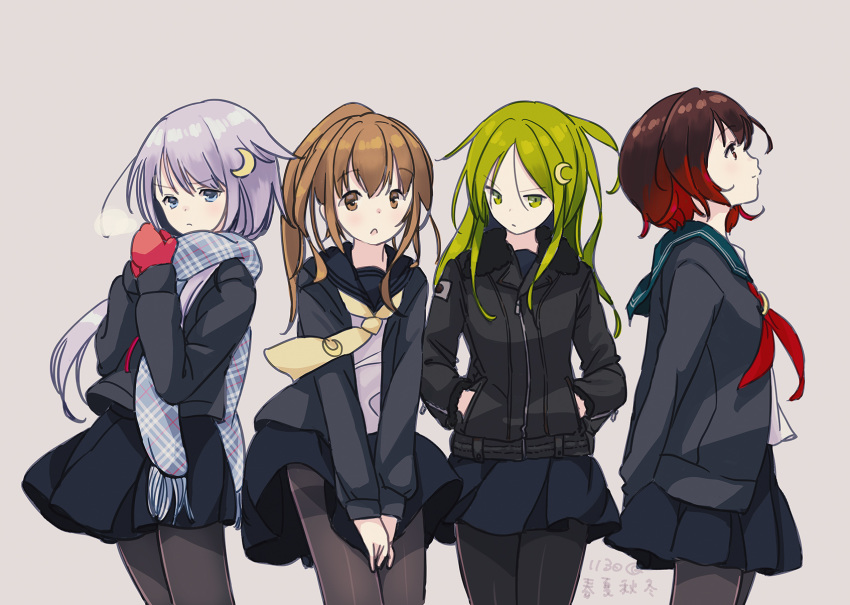 4girls black_jacket black_legwear black_sailor_collar black_serafuku black_shirt black_skirt blue_eyes blue_jacket blue_scarf brown_eyes brown_hair cowboy_shot crescent crescent_hair_ornament crescent_moon_pin fumizuki_(kantai_collection) gradient_hair green_eyes green_hair green_sailor_collar grey_background hair_ornament hands_in_pockets highres jacket kantai_collection kokudou_juunigou long_hair long_sleeves mittens multicolored_hair multiple_girls mutsuki_(kantai_collection) nagatsuki_(kantai_collection) neckerchief pantyhose plaid plaid_scarf pleated_skirt ponytail purple_hair red_hair red_mittens red_neckwear remodel_(kantai_collection) sailor_collar scarf school_uniform serafuku shirt short_hair simple_background skirt standing thighband_pantyhose white_shirt yayoi_(kantai_collection) yellow_neckwear