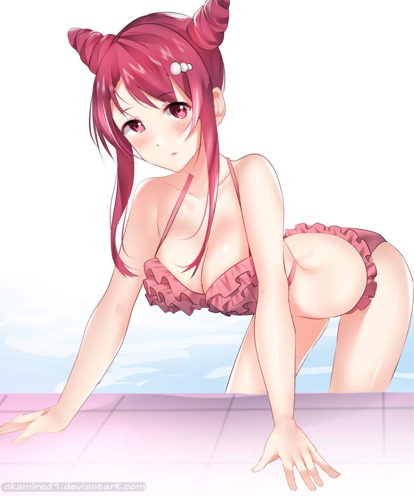 1girl bent_over bikini blush breasts cleavage collarbone double_bun frilled_bikini frills hair_ornament highres looking_at_viewer mayama_asaka medium_breasts okamired ore_wo_suki_nano_wa_omae_dake_ka_yo pool poolside red_eyes red_hair sidelocks solo swimsuit