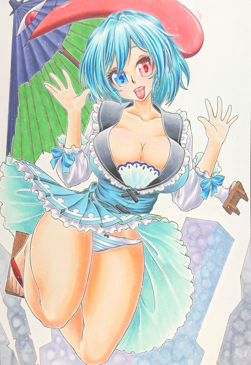 1girl absurdres bare_legs blue_hair bow bow_panties breasts cleavage clog_sandals collarbone commentary_request dekoorashiru eyebrows_behind_hair head_tilt heterochromia highres japanese_clothes jumping karakasa_obake kimono large_breasts lips looking_at_viewer panties pantyshot photo puffy_sleeves short_hair solo striped striped_panties tatara_kogasa tongue tongue_out touhou traditional_media umbrella underwear upper_teeth