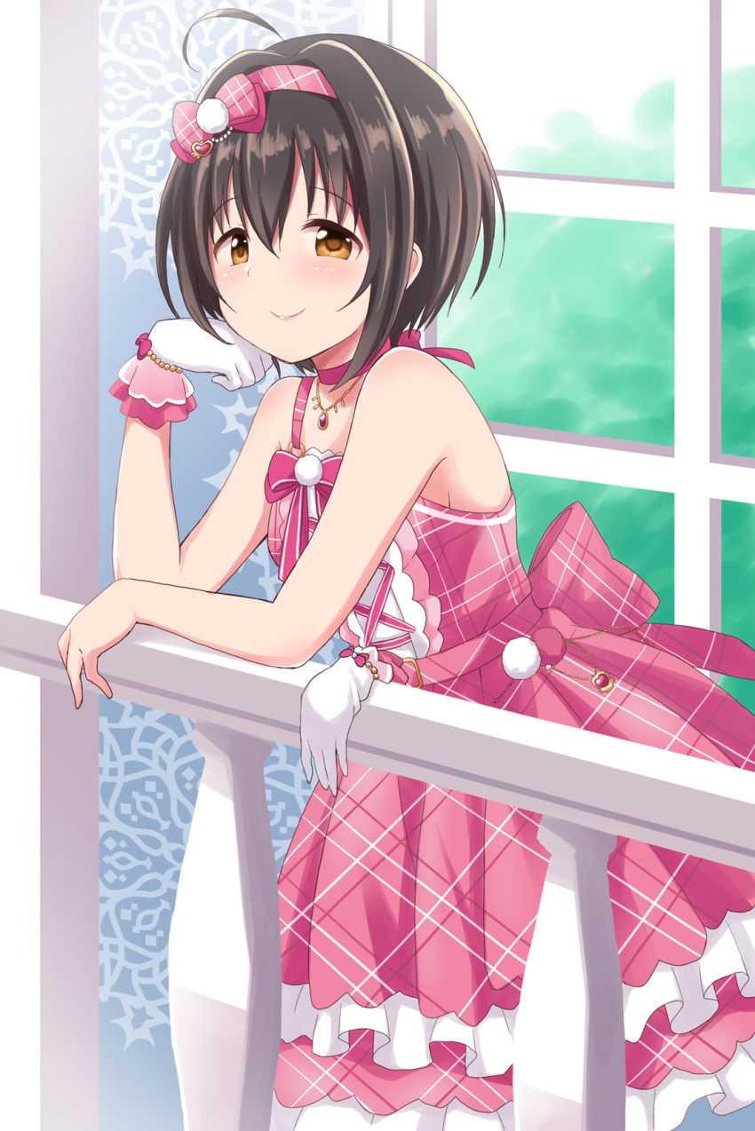 1girl ahoge balcony bare_arms bare_shoulders black_hair choker commentary_request dekosuke dress elbow_rest eyebrows_visible_through_hair gloves hair_between_eyes hair_ribbon head_rest highres idolmaster idolmaster_cinderella_girls jewelry kohinata_miho layered_dress leaning_on_rail looking_at_viewer necklace orange_eyes pink_choker pink_dress plaid plaid_dress railing ribbon short_hair single_glove sleeveless sleeveless_dress smile solo white_gloves