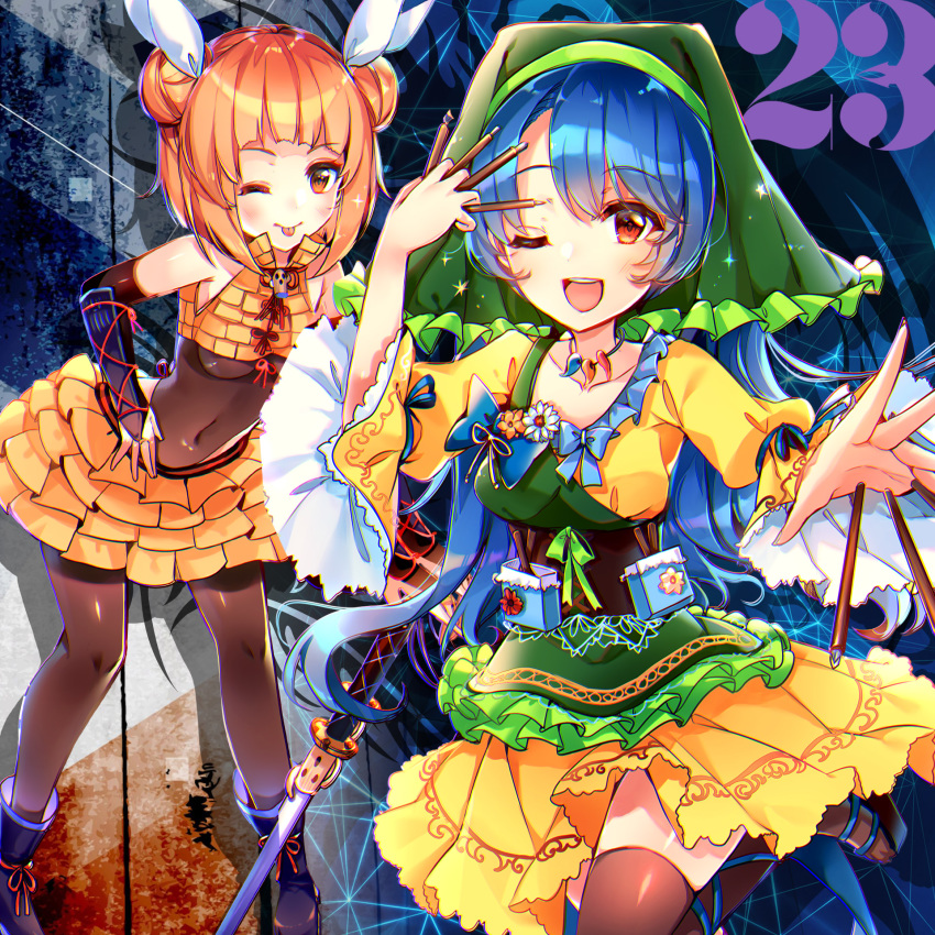 2girls ;) ;p adapted_costume apron bangs bare_shoulders black_footwear black_gloves black_legwear blonde_hair blue_hair blush boots breasts bridal_gauntlets brown_eyes covered_navel double_bun dress drop_shadow elbow_gloves eyebrows_visible_through_hair gloves green_apron green_ribbon hair_ribbon hand_up haniyasushin_keiki head_scarf highres holding jewelry joutouguu_mayumi kirero layered_skirt long_hair looking_at_viewer magatama magatama_necklace medium_breasts multiple_girls necklace one_eye_closed pantyhose puffy_short_sleeves puffy_sleeves ribbon short_dress short_hair short_sleeves skirt sleeveless smile sword thighhighs tongue tongue_out touhou weapon white_ribbon yellow_dress yellow_skirt