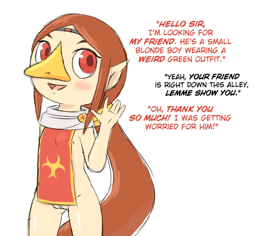 avian beak blush brown_hair casual_exposure clothing female hair humanoid humanoid_pointy_ears implied_rape ineffective_clothing looking_at_viewer medli mootcookie_(artist) nintendo nipples nose_beak pussy red_eyes rito the_legend_of_zelda video_games wind_waker