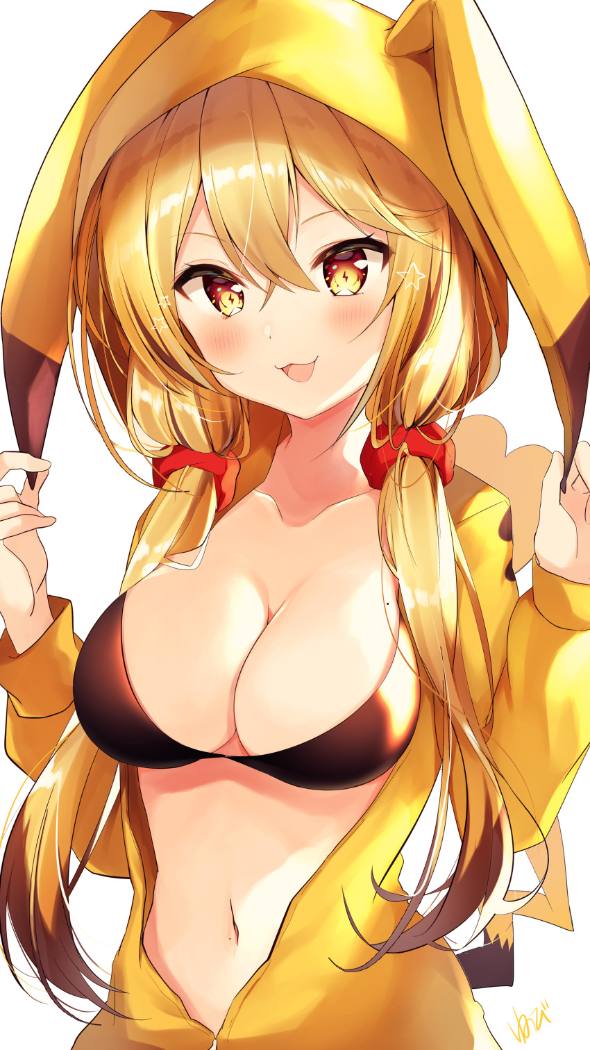 1girl :d absurdres animal_ears bangs black_bikini_top blonde_hair blush breasts brown_hair cleavage collarbone commentary_request crossed_bangs fake_animal_ears fake_tail floppy_ears gen_1_pokemon hair_between_eyes hair_ornament hair_over_shoulder hands_up highres hood hoodie large_breasts long_hair long_sleeves looking_at_viewer low_twintails mole mole_on_breast multicolored_hair navel nenobi_(nenorium) open_clothes open_hoodie open_mouth personification pikachu pokemon signature simple_background smile solo star stomach symbol-shaped_pupils tail twintails two-tone_hair upper_body white_background yellow_eyes yellow_hoodie