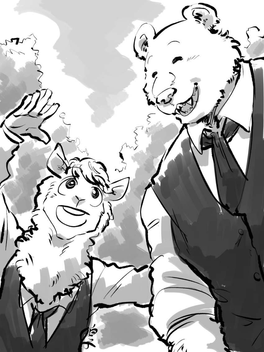 5_fingers alpaca anthro beastars camelid clothed clothing duo eyes_closed fingers fur humanoid_hands male mammal open_mouth riz_(beastars) shirako signature tem_(beastars) topwear ursid