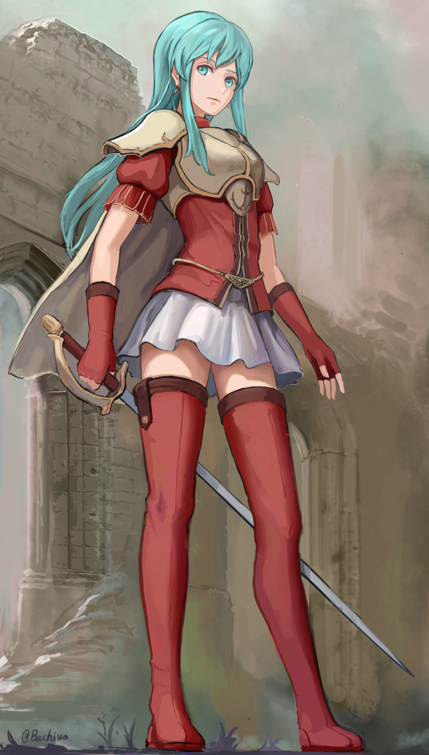 1girl absurdres artoria_pendragon_(all) blue_eyes blue_hair boots breastplate closed_mouth earrings eirika_(fire_emblem) elbow_gloves fingerless_gloves fire_emblem fire_emblem:_the_sacred_stones full_body gloves highres holding holding_sword holding_weapon jewelry long_hair miniskirt outdoors pleated_skirt red_footwear red_gloves red_shirt saber samohichi shirt short_sleeves shoulder_armor signature skirt solo spaulders standing straight_hair sword thigh_boots thighhighs very_long_hair weapon white_skirt zettai_ryouiki