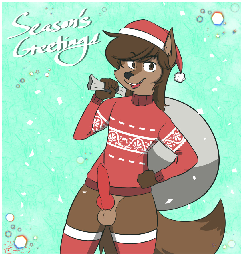 2019 animal_genitalia anthro balls big_penis bottomless canid canine canis christmas clothed clothing commander_(commanderthings) commanderthings digital_media_(artwork) english_text erection front_view fur hair hat headgear headwear hi_res holidays huge_penis legwear long_hair looking_at_viewer male mammal open_mouth penis santa_hat smile socks solo standing stockings text topwear wolf