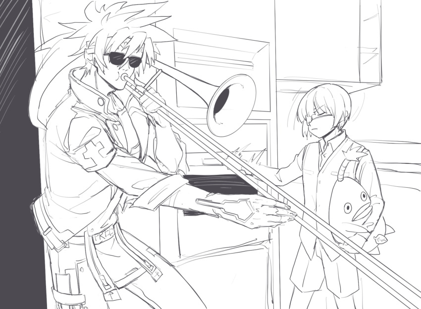 2boys eyepatch grandfather_and_grandson guilty_gear guilty_gear_2 highres instrument kitchen kuangren_k lineart male_focus meme multiple_boys music oven playing_instrument shorts sin_kiske sol_badguy spiked_hair stuffed_toy sunglasses trombone when_mama_isn't_home