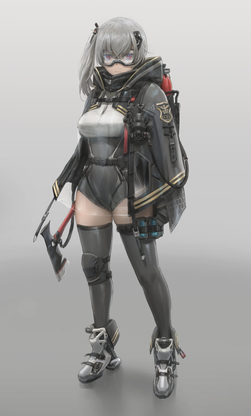 1girl absurdres armor armored_boots axe bangs black_legwear blush boots breasts canister cape cloak emblem fire_extinguisher full_body gas_mask goggles grey_hair grey_leotard hair_between_eyes highres holding holding_axe honeycomb_(pattern) honeycomb_print hood hood_down hooded_cloak large_breasts leotard long_hair looking_at_viewer original red_eyes side_ponytail sidelocks single_knee_pad skindentation snap-fit_buckle solo standing strap thigh_strap thighhighs thighs translucent yohan1754