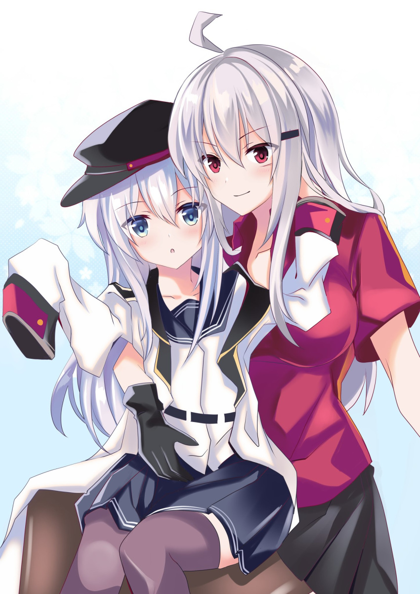 2girls black_legwear black_skirt blue_eyes blush breasts eyebrows_visible_through_hair fathom flat_cap gangut_(kantai_collection) gradient gradient_background grey_hair hair_between_eyes hair_ornament hairclip hat hibiki_(kantai_collection) highres jacket kantai_collection large_breasts long_hair long_sleeves looking_at_viewer multiple_girls open_mouth pantyhose peaked_cap pleated_skirt red_eyes red_shirt scar school_uniform serafuku shirt short_sleeves silver_hair sitting sitting_on_lap sitting_on_person skirt thighhighs verniy_(kantai_collection) white_jacket