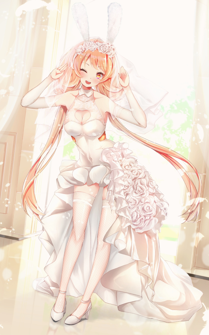 1girl ;d animal_ears armpits arms_up azur_lane bangs benson_(azur_lane) blonde_hair breasts bridal_veil bunny_ears bunny_pose cleavage_cutout collarbone commentary covered_navel curtains detached_sleeves dress dutch_angle fake_animal_ears feathers fishnet_legwear fishnets flower frilled_dress frills full_body hairband hato_haru head_wreath high_heels highres indoors leaning_forward light_particles light_rays long_hair looking_at_viewer low_twintails medium_breasts one_eye_closed open_mouth reflection rose sleeveless smile solo thighhighs twintails upper_teeth veil waist_cape wedding_dress white_dress white_flower white_footwear white_rose white_sleeves yellow_eyes zettai_ryouiki