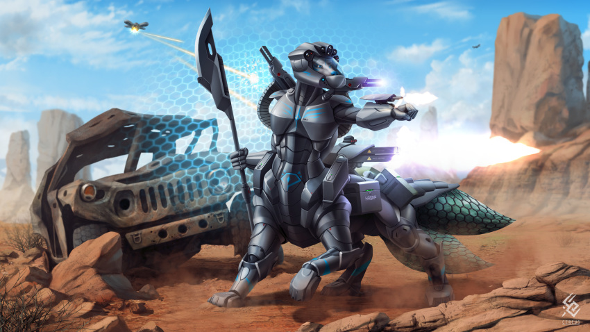 2019 2_tails absurd_res ambiguous_gender armor battle blue_eyes canid canid_taur canine canine_taur cereus93 clothed clothing day detailed_background digital_media_(artwork) drone etis fight force_field fox fox_taur furgonomics glaive gun headgear helmet hi_res holding_object holding_weapon laser machine mammal mammal_taur markings melee_weapon multi_tail outside polearm power_armor ranged_weapon science_fiction shootout solo standing taur turret wasteland weapon