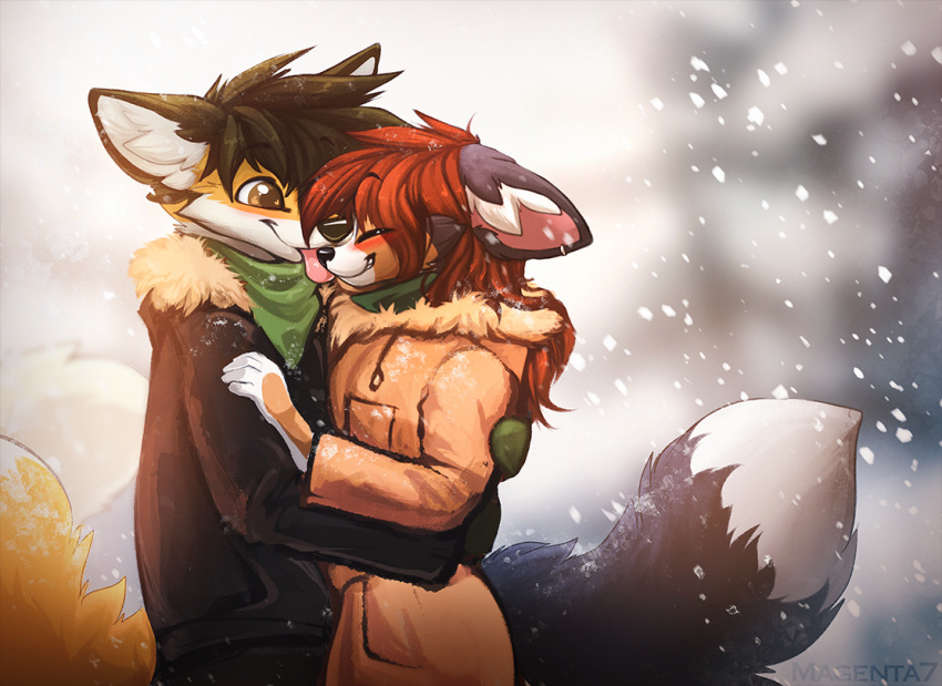 2019 5_fingers anthro black_nose brown_hair canid canine clothed clothing digital_media_(artwork) duo female fingers fox hair hitmore male mammal smile