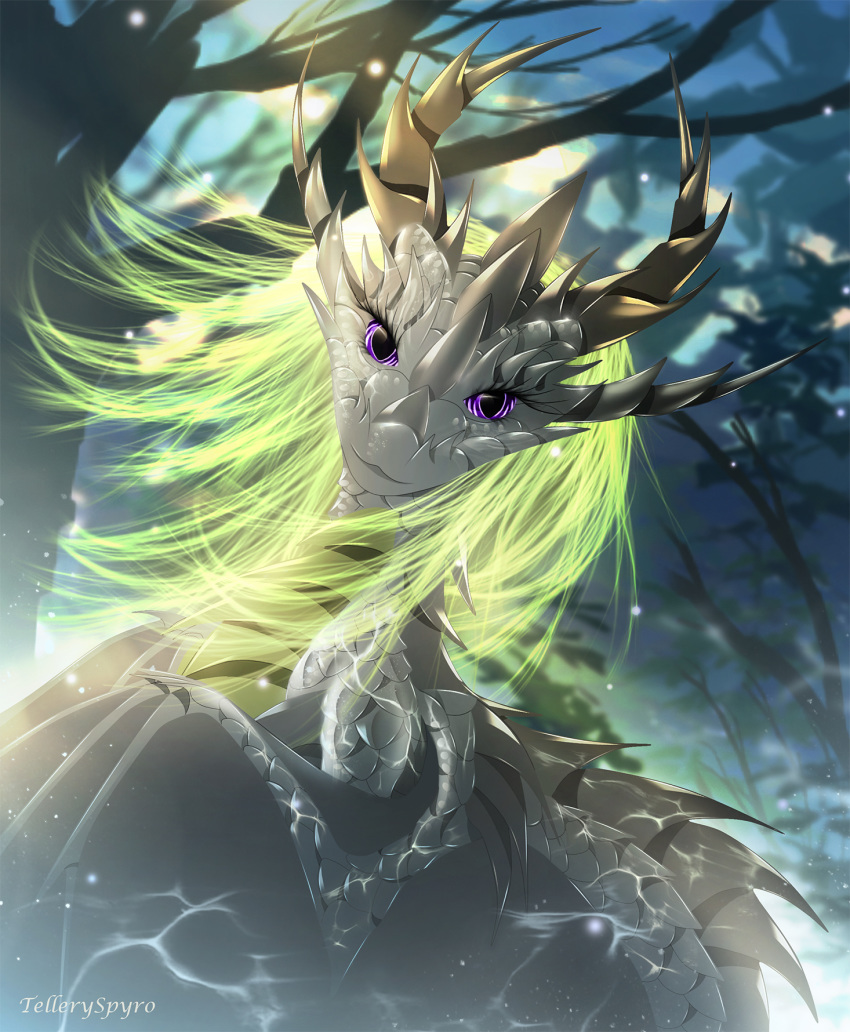 2019 azaries_amnera blonde_hair day detailed_background digital_media_(artwork) dragon eyelashes female feral hair hi_res horn looking_at_viewer membrane_(anatomy) membranous_wings outside scales scalie smile solo telleryspyro western_dragon wings