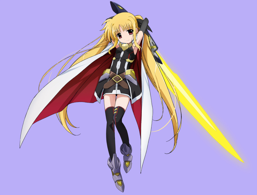 1girl armpits arms_up bangs bardiche belt black_dress black_gloves black_legwear black_ribbon blonde_hair blue_background brown_belt cape closed_mouth commentary_request dress energy_sword eyebrows_visible_through_hair fate_testarossa full_body gloves greaves grey_footwear hair_ribbon head_tilt holding holding_sword holding_weapon kirara-sakura long_hair looking_at_viewer lyrical_nanoha magical_girl mahou_shoujo_lyrical_nanoha mahou_shoujo_lyrical_nanoha_detonation object_behind_back overskirt partial_commentary red_eyes ribbon short_dress simple_background sleeveless sleeveless_dress smile solo standing sword thighhighs twintails weapon white_cape