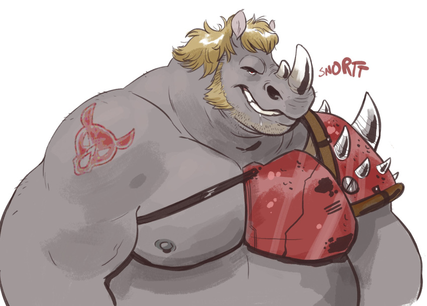 anthro armor belly black_rhinoceros bodily_fluids clothed clothing dramamine drooling grey_body grey_skin grin hair hi_res horn male mammal multi_horn musclegut muscular muscular_male nipples overweight overweight_male rhinocerotoid saliva simple_background smile solo sound_effects tattoo white_background