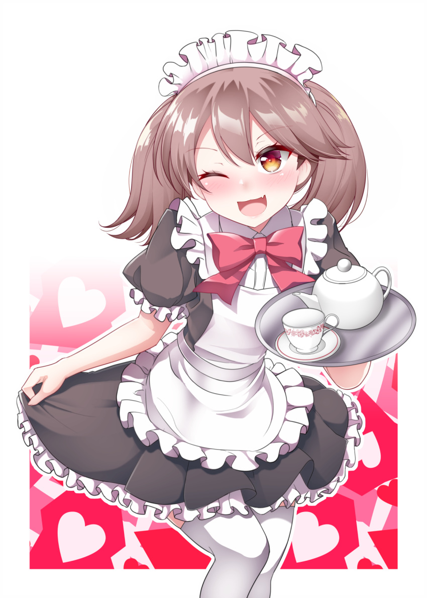 1girl alternate_costume apron black_dress blush brown_eyes brown_hair cup dress enmaided fang frilled_apron frilled_dress frilled_sleeves frills heart heart_background highres kantai_collection kirigakure_(kirigakure_tantei_jimusho) maid maid_headdress neck_ribbon one_eye_closed open_mouth outline pleated_dress puffy_short_sleeves puffy_sleeves ribbon ryuujou_(kantai_collection) saucer short_sleeves skirt_hold smile solo teacup teapot thighhighs tray