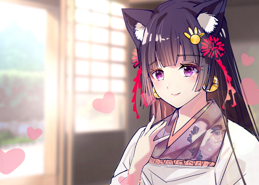 1girl absurdres animal_ear_fluff animal_ears bangs bell bell_earrings black_hair blunt_bangs blurry blurry_background cat_ears day earrings flower hair_ornament hairclip hand_up heart heart-shaped_pupils highres indoors japanese_clothes jewelry jingle_bell kamishiro_kurea kimono light_smile otogi_resurrection purple_eyes red_flower solo symbol-shaped_pupils taketori_karuta upper_body virtual_youtuber white_kimono