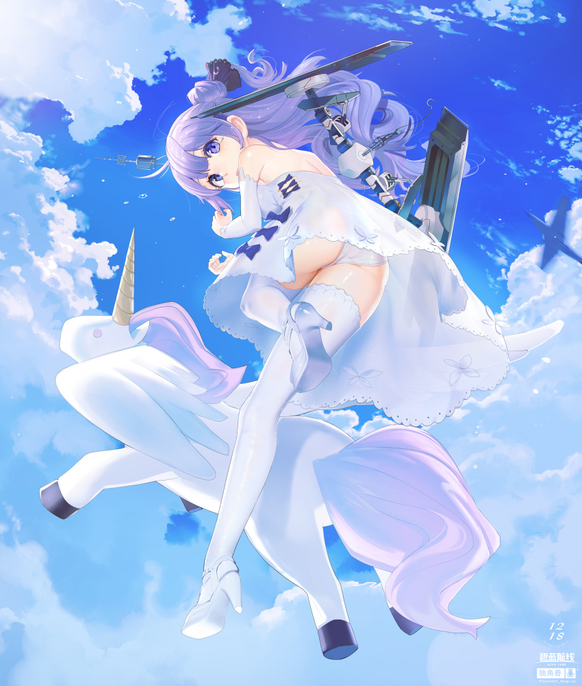 1girl absurdres aircraft airplane ass azur_lane bare_shoulders black_bow black_ribbon blue_sky bow cloud commentary_request copyright_name dated detached_sleeves dress flying from_below full_body hair_bun headgear high_heels highres lace lace-trimmed_ribbon long_hair looking_at_viewer mango_cat one_side_up panties petite purple_eyes purple_hair ribbon see-through side_bun sky stuffed_unicorn tears thighhighs underwear unicorn unicorn_(azur_lane) white_dress white_footwear white_legwear white_panties