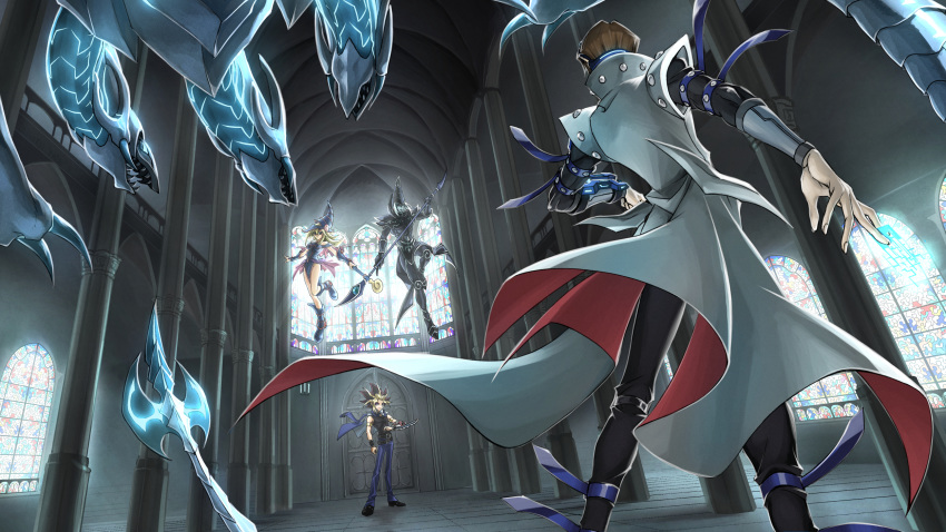 1girl 3boys apollo_hotori_(pixiv_id_3211492) armor back bare_shoulders belt black_footwear black_pants black_shirt blonde_hair blue_footwear blue_headwear blue_pants blue_skin boots brown_hair candle clenched_hand closed_mouth collar column dark_magician dark_magician_girl door dragon duel_disk duel_monster dutch_angle full_body hat high_collar highres holding holding_staff holding_weapon indoors jacket_on_shoulders kaiba_seto light_rays long_hair long_sleeves looking_at_another midair multicolored_hair multiple_belts multiple_boys neo_blue-eyes_ultimate_dragon open_mouth pants pauldrons pillar purple_eyes scar school_uniform sharp_teeth shirt shoes short_hair sleeveless sleeveless_shirt smile spiked_hair staff stained_glass standing sunbeam sunlight tank_top teeth wand weapon white_coat window wristband yami_yuugi yuu-gi-ou yuu-gi-ou_the_dark_side_of_dimensions