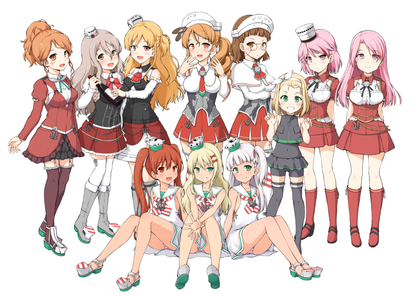 1girl 6+girls anchor aquila_(kantai_collection) armpit_cutout bare_shoulders black_skirt blonde_hair blue_eyes blush boots bottle bow braid breasts brown_eyes brown_hair capelet closed_mouth corset detached_sleeves dress eyebrows_visible_through_hair french_braid garter_straps giuseppe_garibaldi_(kantai_collection) glasses grecale_(kantai_collection) green_eyes green_ribbon grey_hair hair_between_eyes hair_bow hair_ornament hair_ribbon hairband hairclip hat headdress high_ponytail highres italia_(kantai_collection) jacket kantai_collection large_breasts layered_skirt libeccio_(kantai_collection) littorio_(kantai_collection) long_hair long_sleeves looking_at_viewer luigi_di_savoia_duca_degli_abruzzi_(kantai_collection) luigi_torelli_(kantai_collection) maestrale_(kantai_collection) medium_breasts medium_hair mini_hat miniskirt multiple_girls necktie one-piece_swimsuit open_mouth orange_hair panties pince-nez pink_eyes pink_hair pleated_skirt pola_(kantai_collection) red_footwear red_shirt red_skirt remodel_(kantai_collection) ribbon roma_(kantai_collection) sailor_collar sailor_dress school_swimsuit shirt short_hair short_sleeves sidelocks silver_hair simple_background skirt sleeveless sleeveless_dress sleeveless_shirt smile standing striped striped_neckwear swimsuit thighhighs twintails underwear wavy_hair white_background white_dress white_hairband white_headwear white_legwear white_ribbon white_sailor_collar white_shirt wine_bottle yellow_eyes yuuki_kazuhito zara_(kantai_collection)