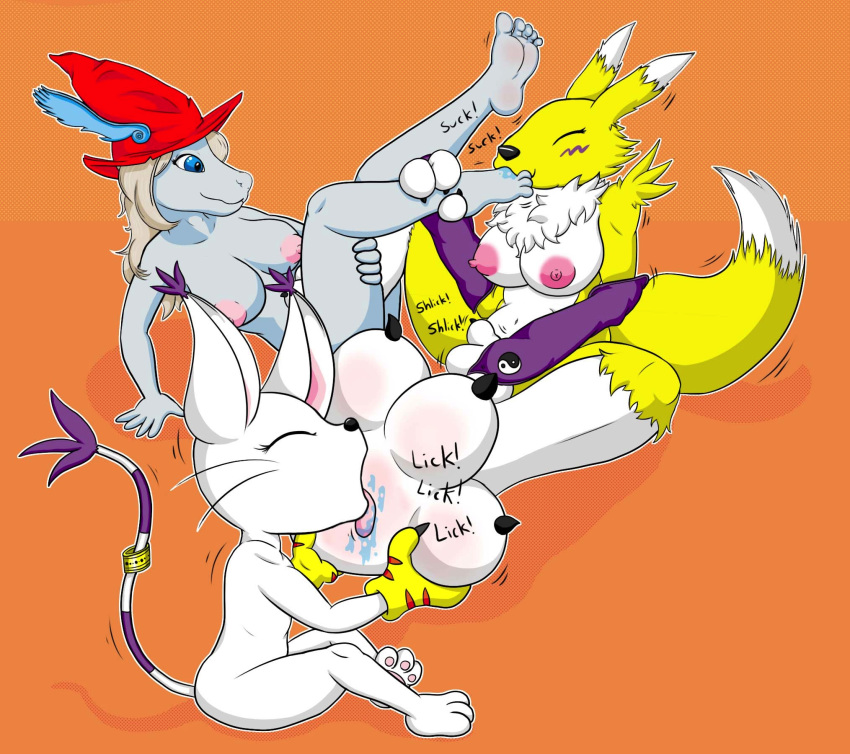 anthro big_breasts bodily_fluids breasts clothing digimon digimon_(species) feet female female/female final_fantasy final_fantasy_ix foot_fetish foot_lick freya_crescent gatomon hat headgear headwear hi_res licking masturbation mostly_nude nipples nude renamon saliva simple_background square_enix tinydevilhorns tongue tongue_out vaginal vaginal_masturbation video_games young