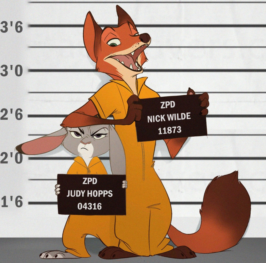 anthro barefoot canid canine clothed clothing disney duo fangs fox fully_clothed fur gloves_(marking) green_eyes grey_body grey_fur hi_res holding_object impendingsenseofdoom judy_hopps jumpsuit lagomorph leporid mammal markings mugshot nick_wilde open_mouth orange_body orange_fur purple_eyes rabbit red_fox standing tan_body tan_fur teeth white_body white_fur zootopia