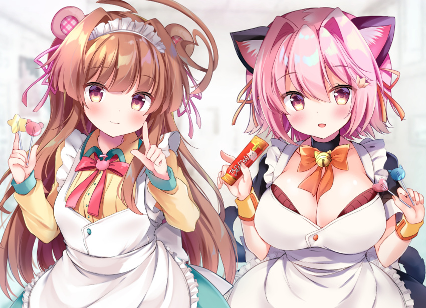 2girls ahoge alternate_costume animal_ears apron bear_ears black_dress blurry breasts brown_eyes brown_hair candy cat_ears cleavage cowboy_shot depth_of_field dress food frilled_apron frills huge_ahoge index_finger_raised kantai_collection kuma_(kantai_collection) large_breasts lollipop long_hair looking_at_viewer maid_headdress masayo_(gin_no_ame) multiple_girls pink_hair red_eyes red_neckwear short_hair smile tama_(kantai_collection) white_apron white_background wrist_cuffs