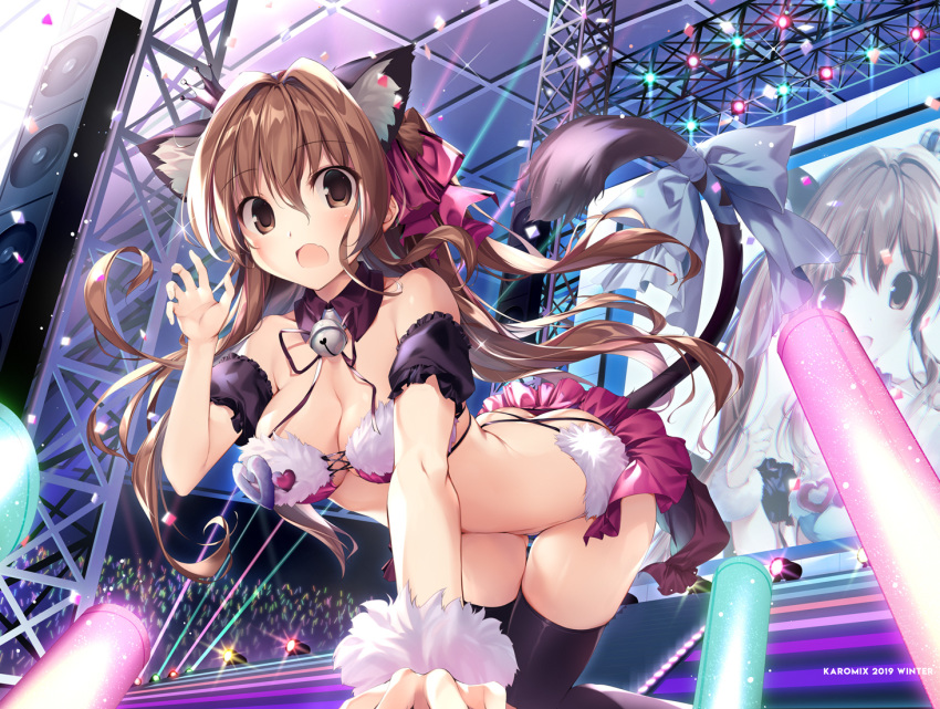 1girl :o animal_ear_fluff animal_ears bare_shoulders bell bent_over black_legwear blue_bow bow breasts brown_eyes brown_hair cat_ears cat_girl cat_tail cleavage commentary_request detached_collar detached_sleeves floating_hair glowstick hand_up idol jingle_bell karory long_hair looking_at_viewer medium_breasts open_mouth original pink_bow revealing_clothes solo stage stage_lights stomach tail tail_bow thighhighs thighs
