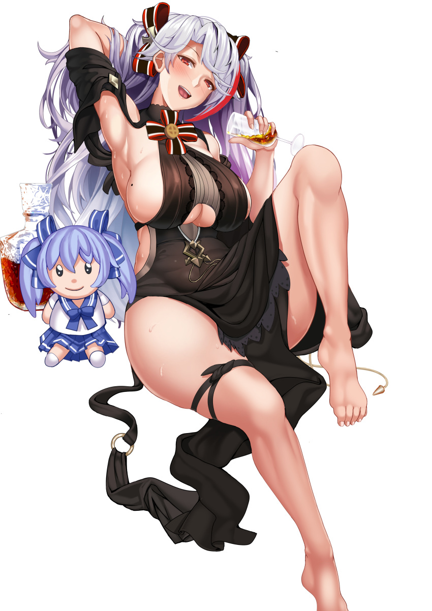 1girl :d absurdres alcohol alternate_costume antenna_hair armpits azur_lane bangs bare_shoulders barefoot black_dress blush bottle bow breasts brown_eyes character_doll cup dress eyebrows_visible_through_hair feet hair_between_eyes hair_bow hasaya head_tilt highres holding holding_cup knee_up large_breasts long_hair looking_at_viewer mole mole_on_breast multicolored_bow multicolored_hair open_mouth pelvic_curtain pouring pouring_onto_self prinz_eugen_(azur_lane) prinz_eugen_(cordial_cornflower)_(azur_lane) red_hair shoulder_cutout side_cutout sidelocks silver_hair simple_background sitting skindentation smile solo streaked_hair swept_bangs thigh_strap thighs toes two_side_up underboob underboob_cutout very_long_hair wet white_background