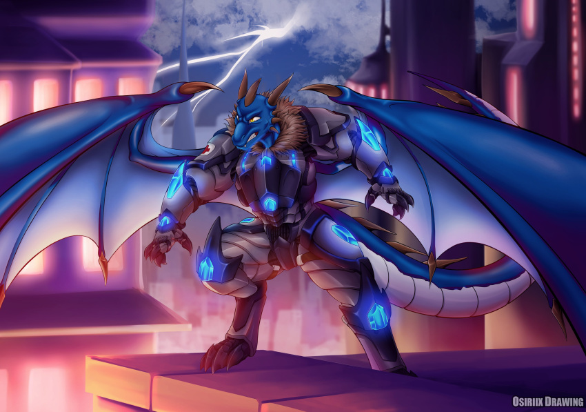 + absurd_res anthro armor blue_light city city_lights claws clenched_teeth cloud detailed_background dragon fangs glowing glowing_armor hi_res hind_legs lightning male medic night osiriix scales snarling solo teeth wings yellow_eyes