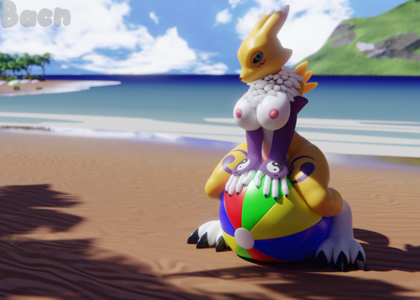 2019 3d_(artwork) anthro areola bacn ball beach_ball beacn big_breasts breasts detailed_background digimon digimon_(species) digital_media_(artwork) female fingers fur looking_at_viewer mammal nipples nude outside public_nudity renamon sitting sky solo straddling white_body white_fur