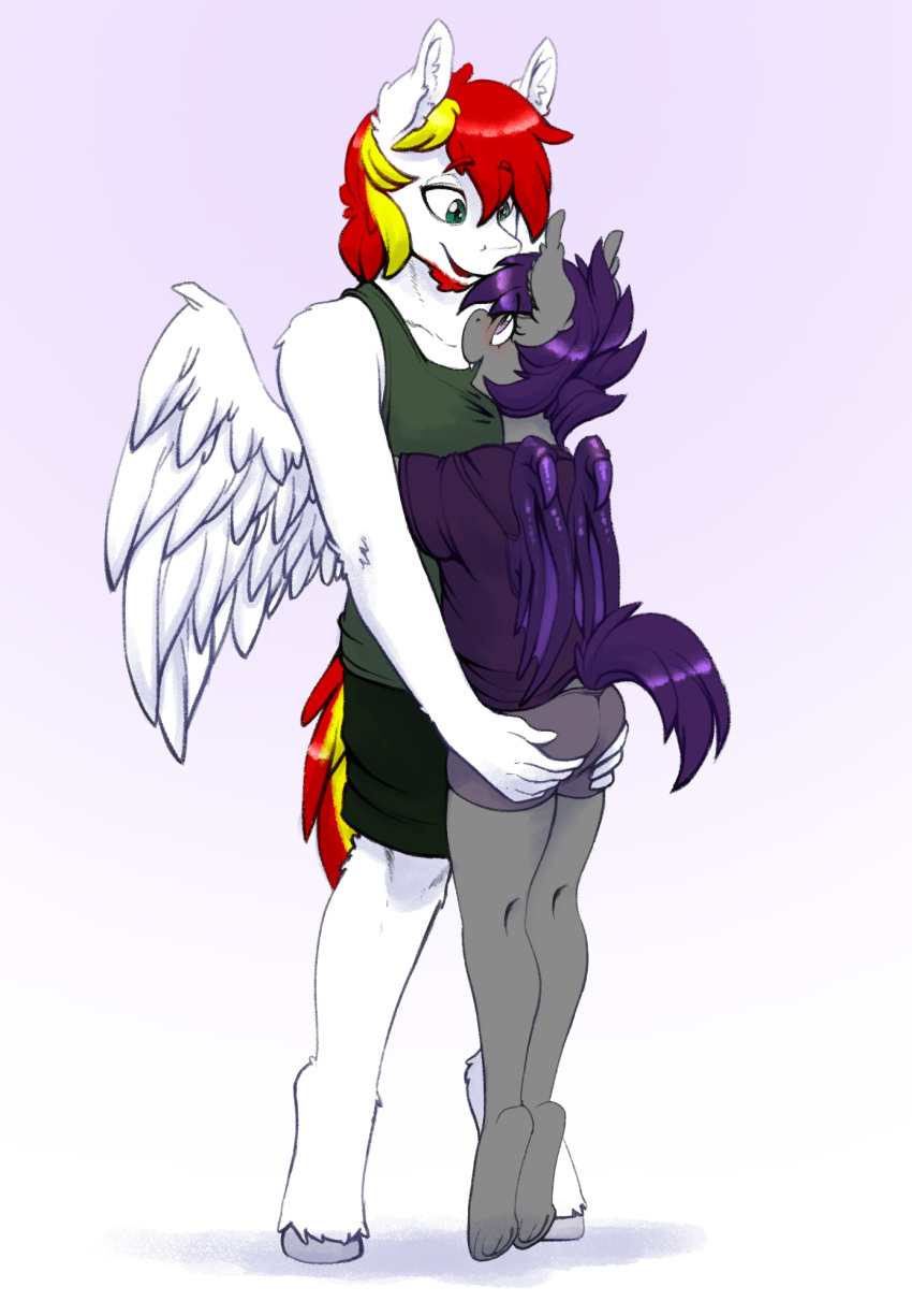 2019 anthro bat_pony bat_wings blush bottomwear butt clothing ear_tuft equid equine fan_character female hi_res hug male male/female mammal membrane_(anatomy) membranous_wings my_little_pony nolegs_(oc) pterippus replica_(artist) romantic_couple shorts size_difference summer_scorch tuft wings