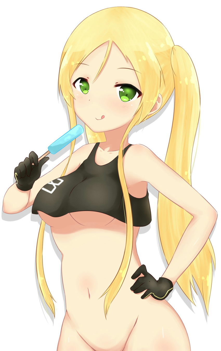 1girl :q absurdres armpits azur_lane bangs bare_shoulders black_bow blonde_hair blush bottomless bow breasts closed_mouth collarbone commentary crop_top crop_top_overhang drop_shadow eyebrows_visible_through_hair food green_eyes groin hand_on_hip highres holding holding_food hornet_(azur_lane) long_hair medium_breasts navel out-of-frame_censoring parted_bangs popsicle sidelocks smile solo tongue tongue_out twintails underboob very_long_hair white_background yuujoduelist