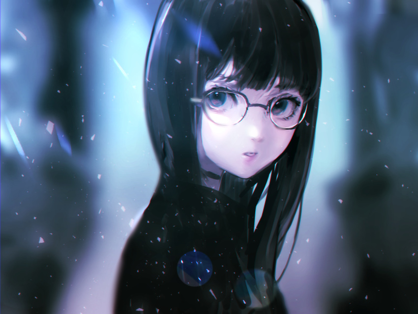 1girl bangs black-framed_eyewear black_hair blue_eyes blurry choker from_side glasses highres long_hair looking_at_viewer original parted_lips portrait solo toto turtleneck