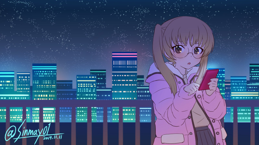1girl against_railing bangs black_ribbon black_skirt brown_eyes brown_hair brown_skirt building casual cellphone cityscape coat commentary dated girls_und_panzer glasses hair_ribbon highres holding holding_cellphone holding_phone hooded_coat leaning_back long_hair long_sleeves looking_at_viewer night night_sky oono_aya open_clothes open_coat open_mouth phone pink_coat pleated_skirt railing ribbon rimless_eyewear round_eyewear shinmai_(kyata) skirt sky smartphone solo standing star_(sky) starry_sky twintails twitter_username