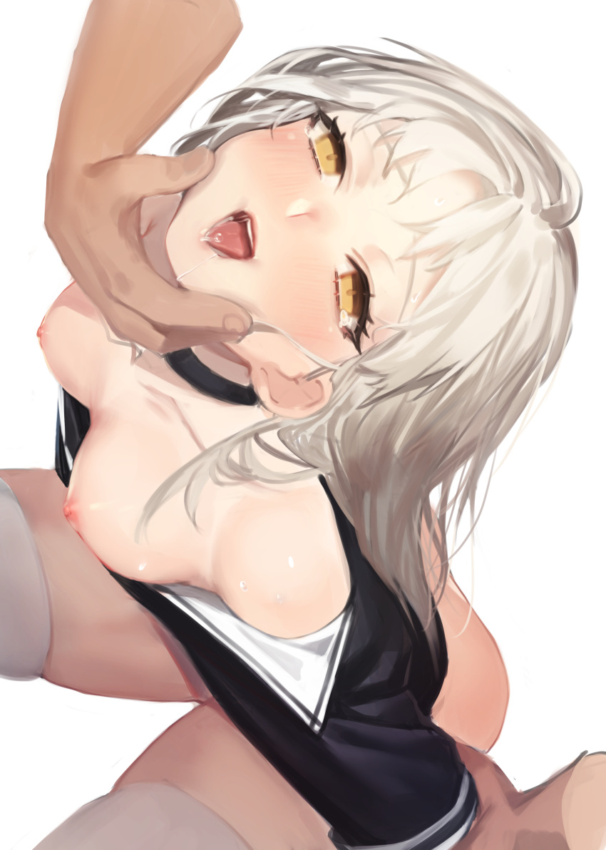 1girl absurdres areolae arm_grab black_choker blush breasts choker disembodied_hands drooling from_above highres jam_(nandade) long_hair medium_breasts nipples nose_blush open_mouth original pov puffy_nipples sitting solo_focus spread_legs sweat thighhighs tongue tongue_out torogao white_background white_hair white_legwear yellow_eyes