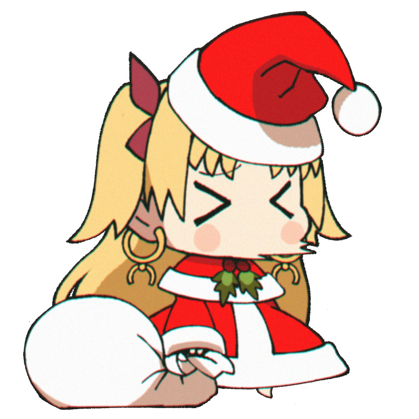 &gt;_&lt; 1girl blonde_hair blush_stickers chibi christmas closed_eyes commentary earrings english_commentary ereshkigal_(fate/grand_order) fate/grand_order fate_(series) hair_ribbon hat highres hoop_earrings jewelry loen-lapae long_hair long_sleeves meme open_mouth padoru red_headwear ribbon sack santa_costume santa_hat simple_background sneezing solo standing white_background