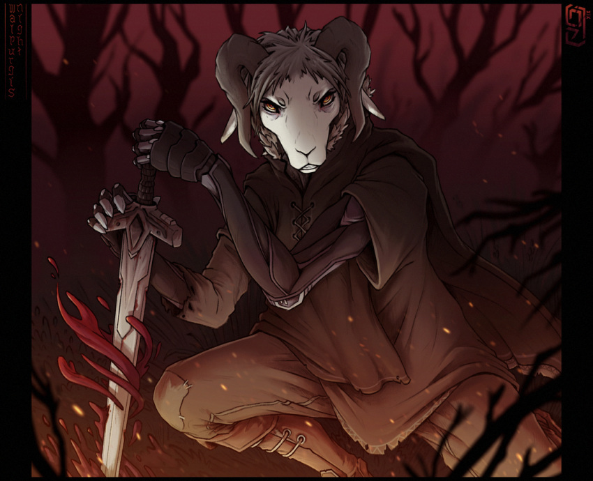 2019 5_fingers ambiguous_gender anthro bovid caprine detailed_background digital_media_(artwork) fingers forest goat holding_object holding_sword holding_weapon lolzguy mammal melee_weapon night outside solo sword tree weapon