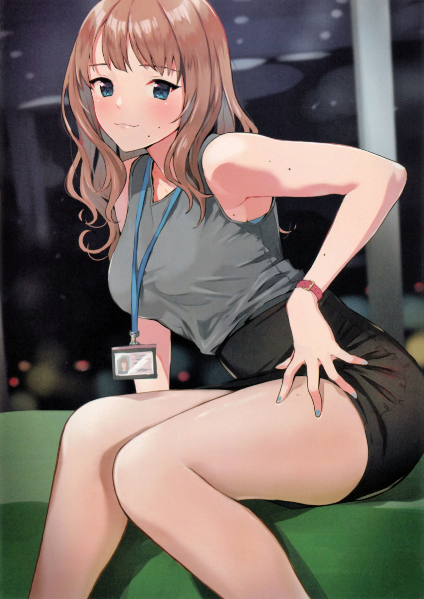 1girl absurdres arm_support blue_eyes blue_nails blush bra bra_peek breasts brown_hair closed_mouth collarbone doushimasho eyebrows_visible_through_hair highres id_card lanyard long_hair looking_at_viewer medium_breasts mole mole_on_arm mole_on_armpits mole_on_thigh mole_under_mouth nail_polish office_lady original pencil_skirt scan shirt sitting skirt sleeveless sleeveless_shirt smile solo thighs underwear watch wristwatch