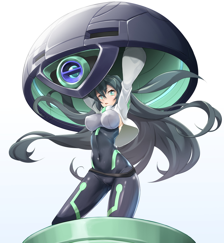 1girl absurdres black_hair bodysuit breasts covered_navel cropped_jacket green_eyes gundam gundam_build_divers gundam_build_divers_re:rise highres large_breasts lifting long_hair may_(gundam_build_divers_re:rise) qome sideboob simple_background solo very_long_hair white_background wodom_pod