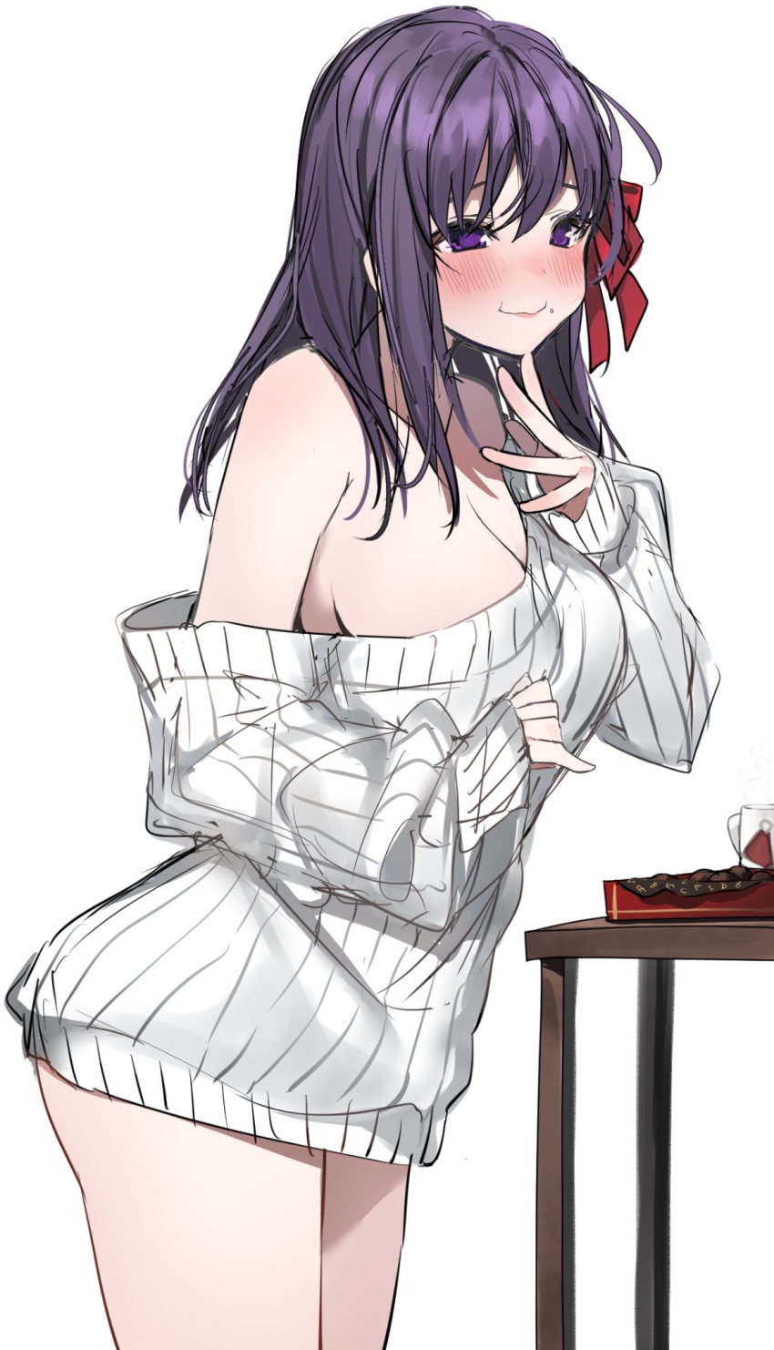 1girl alternate_costume bare_shoulders blush box_of_chocolates breasts chocolate cleavage closed_mouth cowboy_shot dress eating fate/stay_night fate_(series) food food_on_face hair_ribbon highres large_breasts long_hair long_sleeves looking_at_viewer matou_sakura nose_blush off-shoulder_sweater off_shoulder purple_eyes purple_hair red_ribbon ribbed_sweater ribbon simple_background sketch sleeves_past_wrists solo sweater sweater_dress table thighs white_background white_sweater xretakex