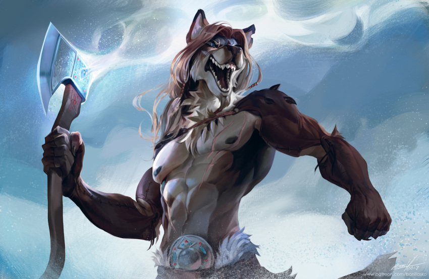2019 5_fingers abs anthro axe bonifasko brown_body brown_fur canid canine canis day detailed_background digital_media_(artwork) fingers fur holding_object holding_weapon male mammal melee_weapon open_mouth outside scar sky solo teeth tongue weapon wolf