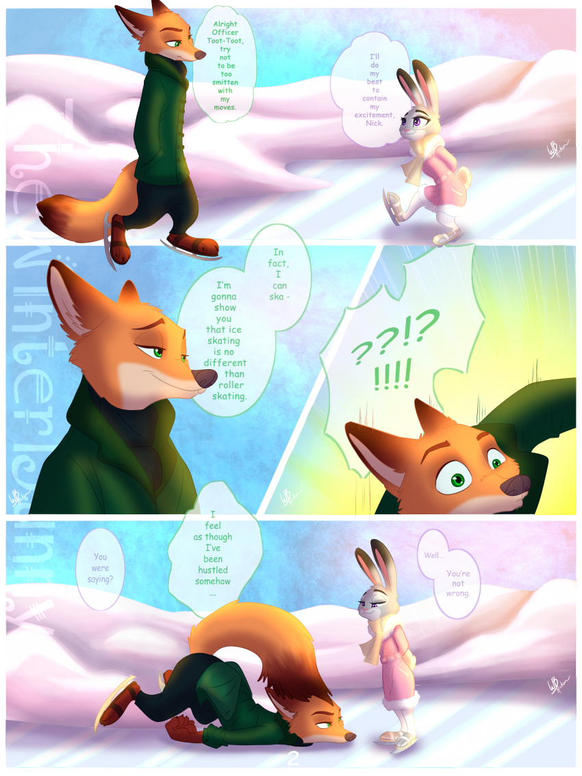 ! ... ? absurd_res anthro bottomwear canid canine cheek_tuft clothing coat comic dialogue dipstick_tail disney duo english_text eye_contact facial_tuft fluffy fluffy_tail fox fur grey_body grey_fur hands_in_pockets head_tuft hi_res ice ice_skates ice_skating judy_hopps lagomorph leporid looking_at_another mammal multicolored_tail nick_wilde orange_body orange_fur pants pink_nose pockets purple_eyes rabbit red_fox scut_tail smile snow speech_bubble text thewinterbunny topwear tuft zootopia